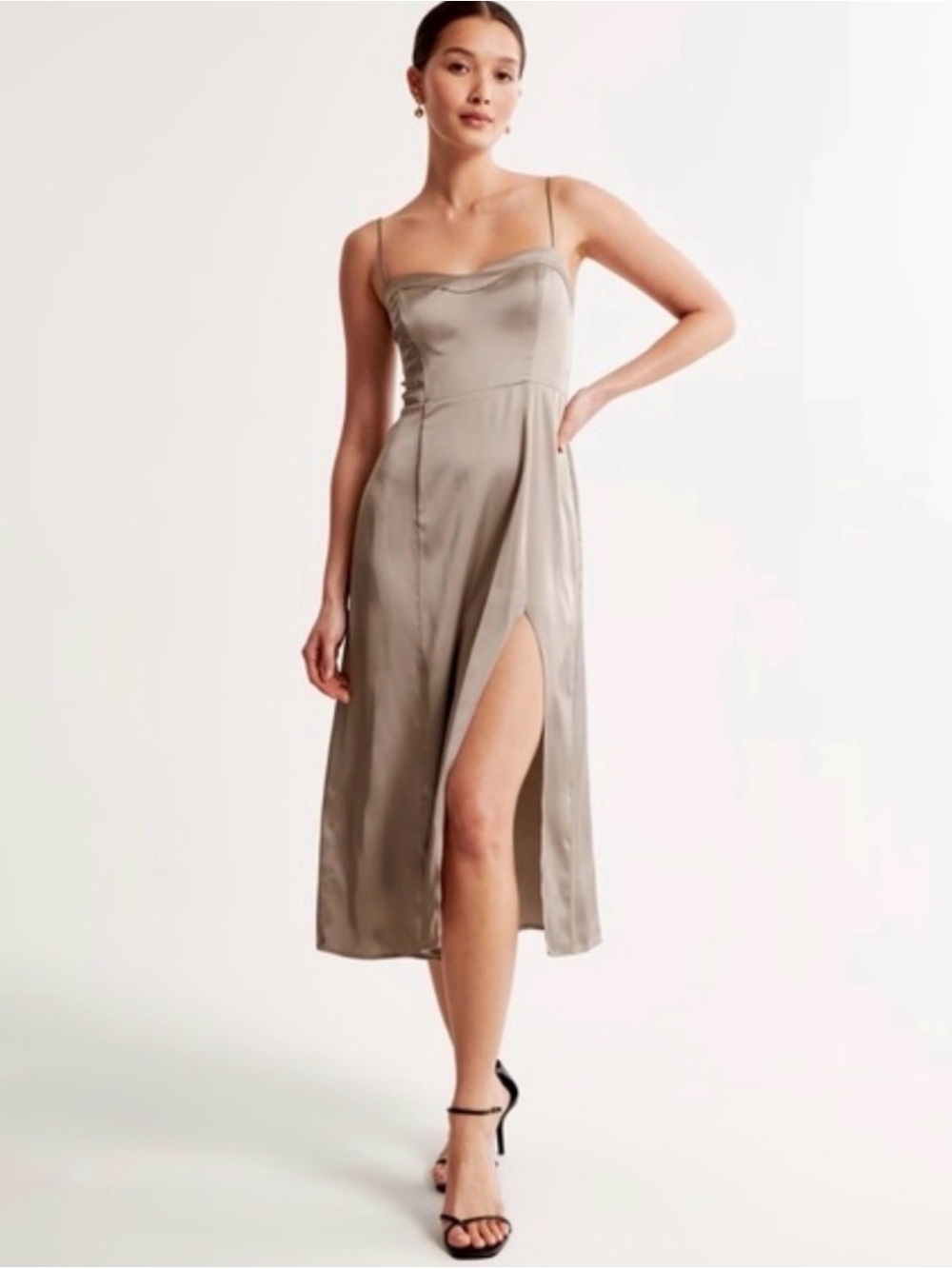 Abercrombie & Fitch Taupe Satin Slip Midi Dress